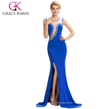 Grace Karin 2016 New Sleeveless High Split Beaded Long Blue Ball Gown Evening Prom Party Dress GK000051-1